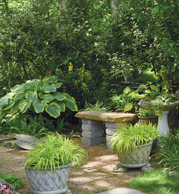 Stínová zahradní lavička s květináčmi z hakonechloa: Tyto nádoby z hakonechloa, orámované zlatými listy, které rozjasňují stín, přitahují pozornost ke vstupu na terasu a zvou vás k posezení.