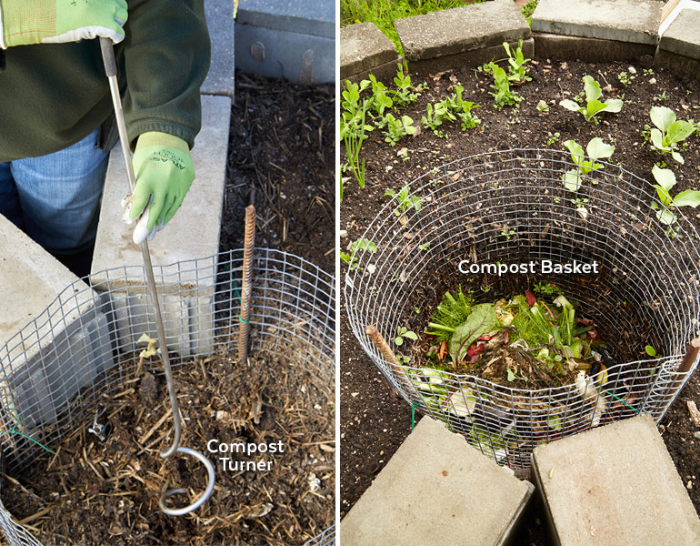 Kompostovací koš uprostřed zahrady s klíčovou dírkou: Použijte obracečku kompostu k občasnému promíchání kompostu během vegetačního období.