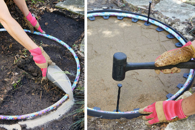 Značkovací kruh pro kamennou mozaiku s moukou a zakládáním okraje trávníku: Hula Hoop pomáhá udržovat dokonalý kulatý tvar při měření a zakládání okrajů trávníku.