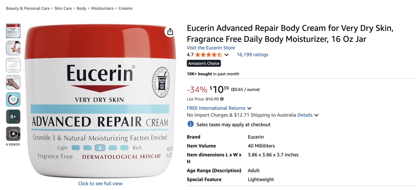 Screenshot of Amazon Seznam pro Eucerin Advanced Repair Cream (cena přesná v době psaní)